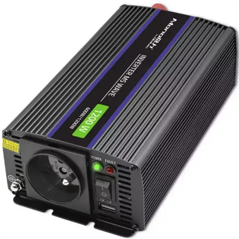 Sprieguma pārveidotājs QOLTEC Monolith 600 W — 12 V līdz 230 V, USB PD 18 W, automašīnai/iekštelpām, melns