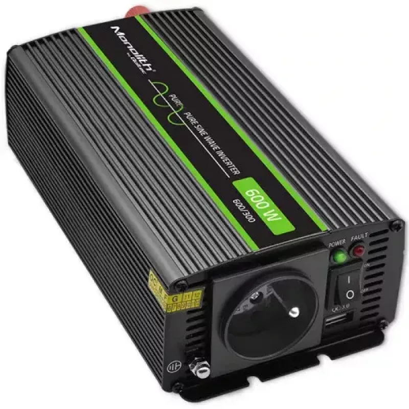 Sprieguma pārveidotājs QOLTEC Monolith 600 W — 12 V līdz 230 V, USB PD 18 W, automašīnai/iekštelpām, melns