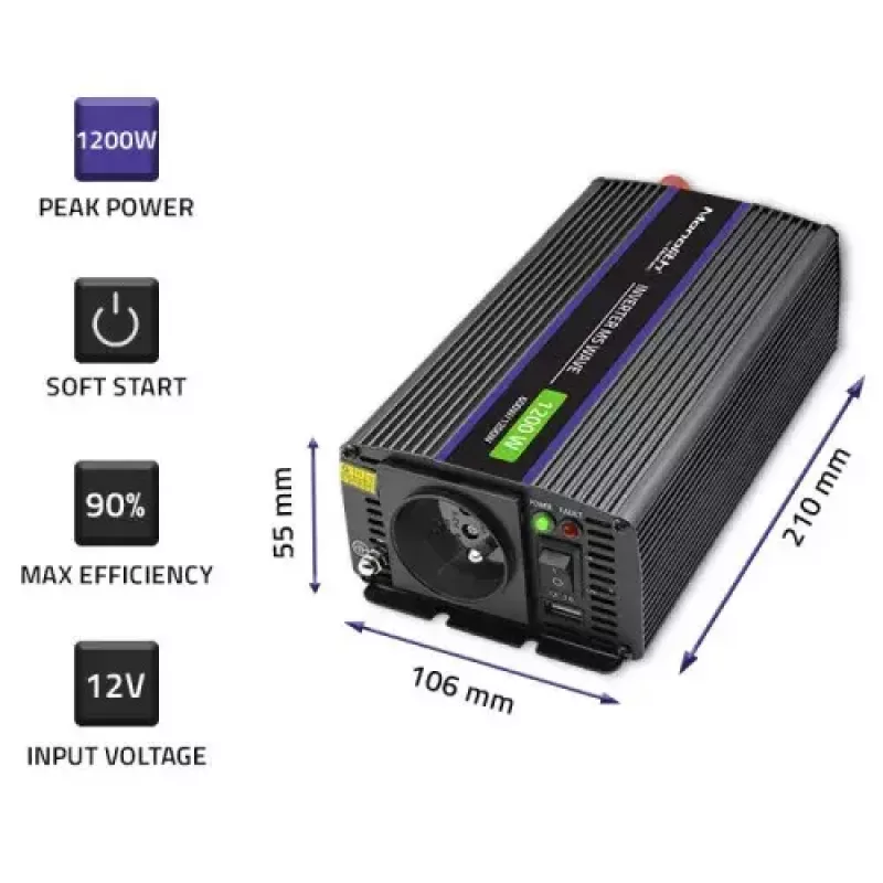 Sprieguma pārveidotājs QOLTEC Monolith 600 W — 12 V līdz 230 V, USB PD 18 W, automašīnai/iekštelpām, melns