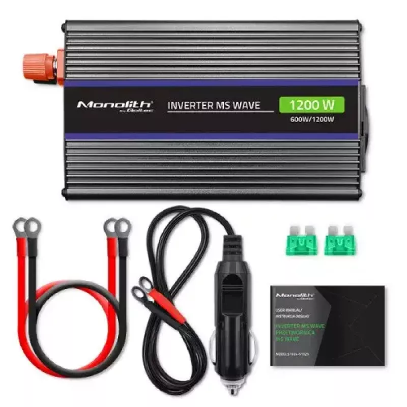 Sprieguma pārveidotājs QOLTEC Monolith 600 W — 12 V līdz 230 V, USB PD 18 W, automašīnai/iekštelpām, melns
