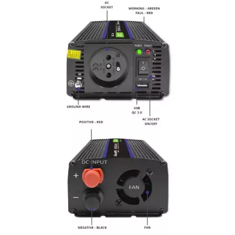 Sprieguma pārveidotājs QOLTEC Monolith 600 W — 12 V līdz 230 V, USB PD 18 W, automašīnai/iekštelpām, melns
