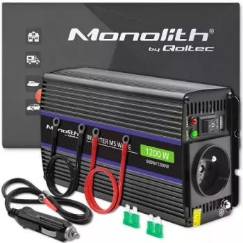 Sprieguma pārveidotājs QOLTEC Monolith 600 W — 12 V līdz 230 V, USB PD 18 W, automašīnai/iekštelpām, melns