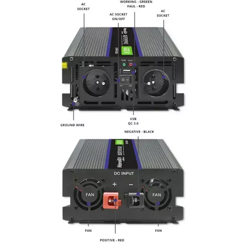 Strāvas pārveidotājs QOLTEC Monolith 4000 MS Wave 12V uz 230V 2000/4000W ar USB