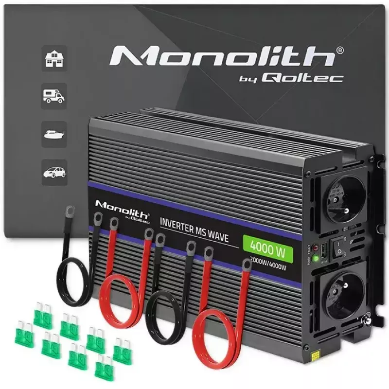 Strāvas pārveidotājs QOLTEC Monolith 4000 MS Wave 12V uz 230V 2000/4000W ar USB