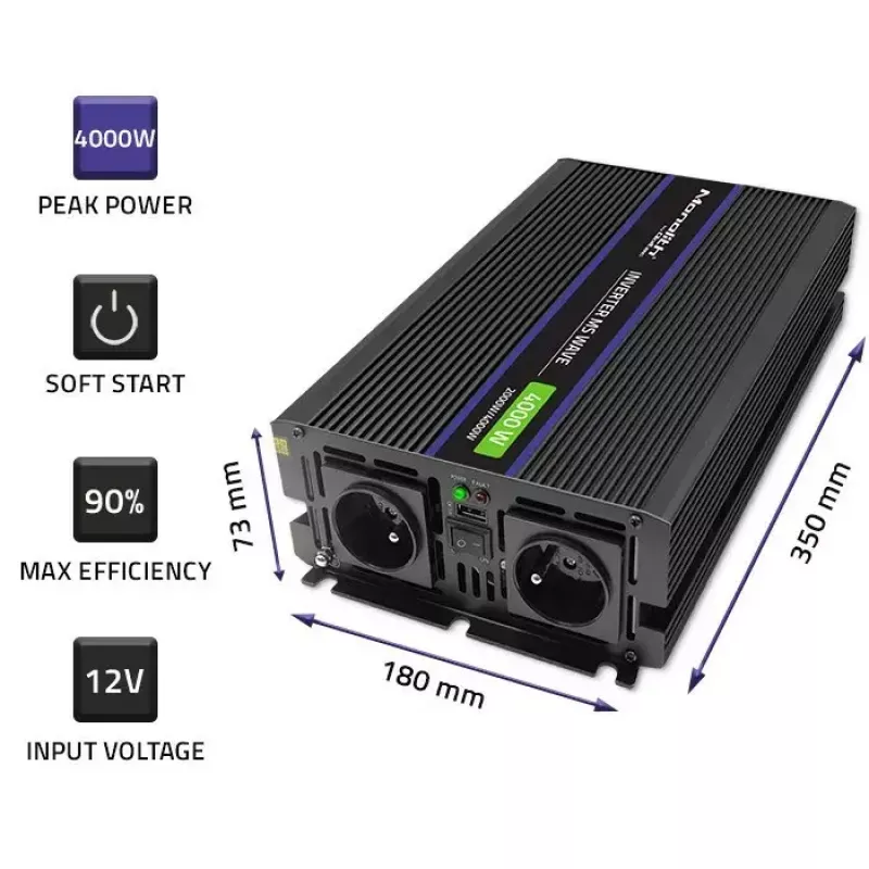 Strāvas pārveidotājs QOLTEC Monolith 4000 MS Wave 12V uz 230V 2000/4000W ar USB