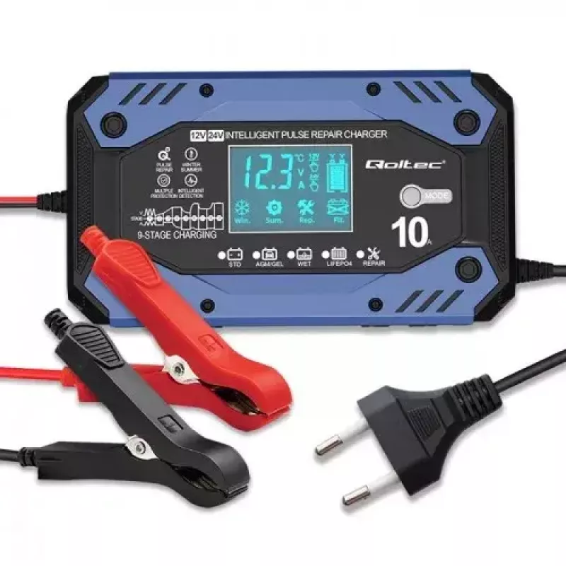 Akumulatora uzlādes ierīce QOLTEC 52482 12/24 V 5/10 A ar LCD displeju un F tipa spraudni