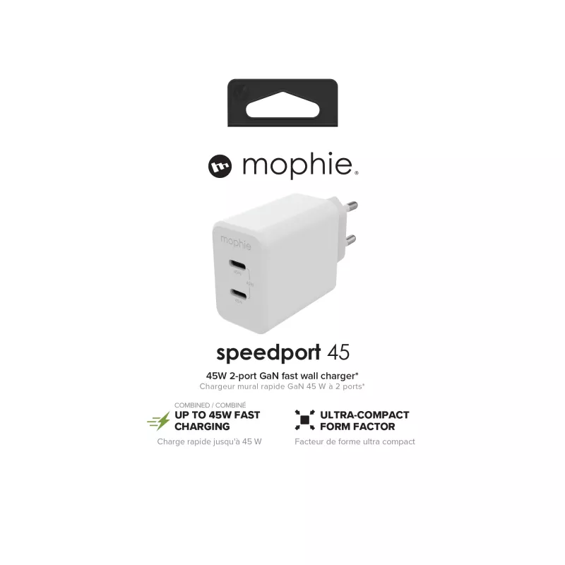 mophie Accessories sienas adapteris-USB-C-PD-DUAL-45W-GAN-balts-EU(2xUSBC)