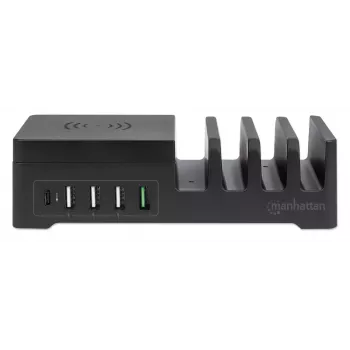 Manhattan uzlādes stacija ar bezvadu uzlādes paliktni (noņemamu), 1x bezvadu, 1x USB-C un 4x USB-A porti, bezvadu izeja: 2A, USB-C izeja: 3A, USB-A izejas: 1x 3A un 3x 2.4A maks., kabelis 1m, melna (strāvas kabelis: Euro 2 kontaktu spraudnis uz C7 astotnieka savienotāju)