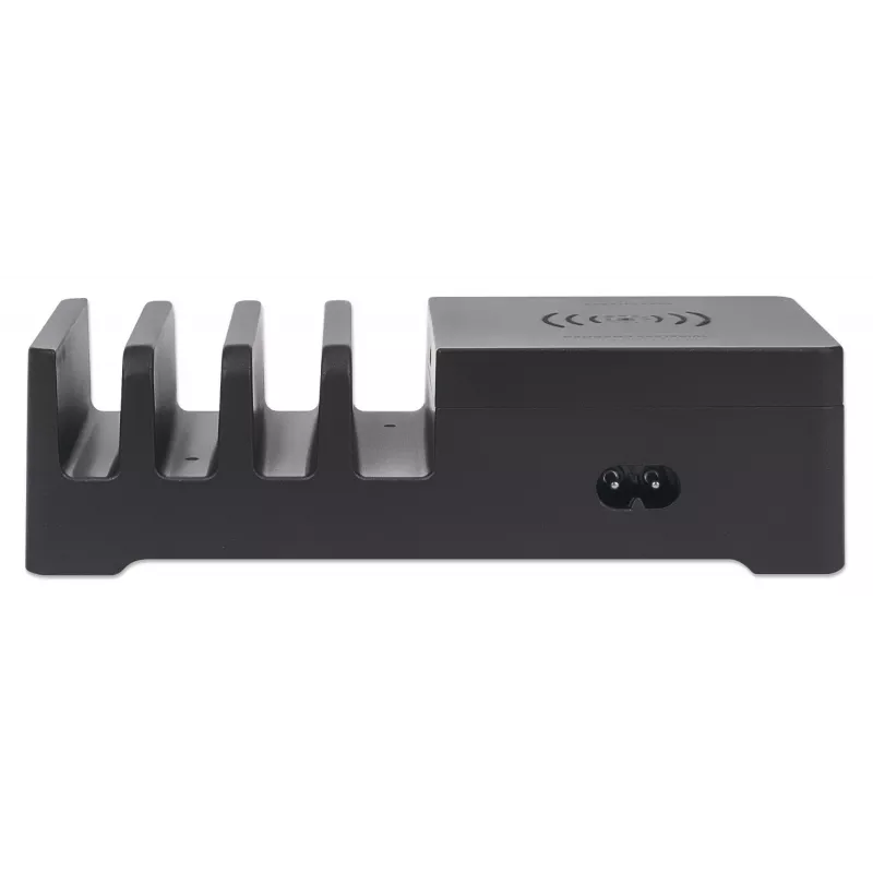 Manhattan uzlādes stacija ar bezvadu uzlādes paliktni (noņemamu), 1x bezvadu, 1x USB-C un 4x USB-A porti, bezvadu izeja: 2A, USB-C izeja: 3A, USB-A izejas: 1x 3A un 3x 2.4A maks., kabelis 1m, melna (strāvas kabelis: Euro 2 kontaktu spraudnis uz C7 astotnieka savienotāju)
