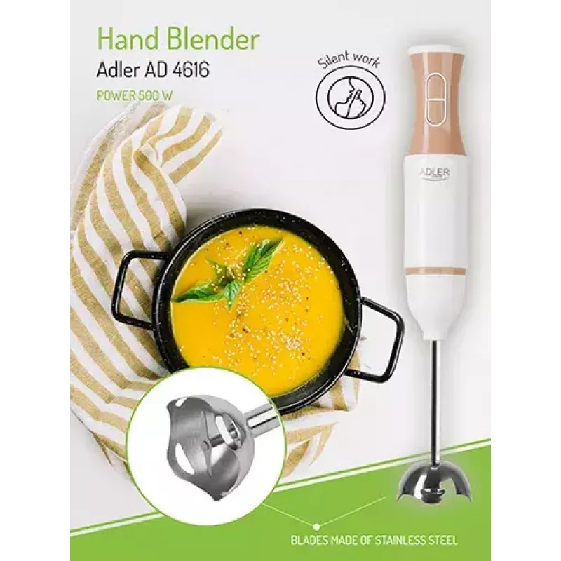 Iegremdējamais blenderis Adler AD 4616 — rokas blenderis, 500 W maks., 2 ātrumi, nerūsējošā tērauda asmeņi, balts