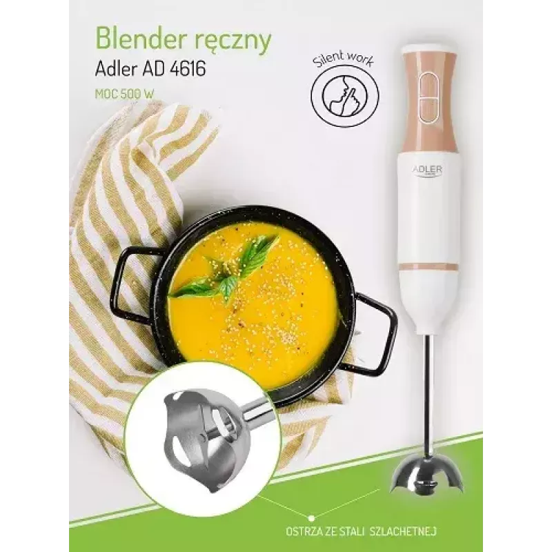 Iegremdējamais blenderis Adler AD 4616 — rokas blenderis, 500 W maks., 2 ātrumi, nerūsējošā tērauda asmeņi, balts