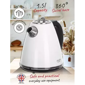 Adler AD 1343 elektriskā tējkanna, 1,5 l, 1850 W, nerūsējošais tērauds, Strix, balta