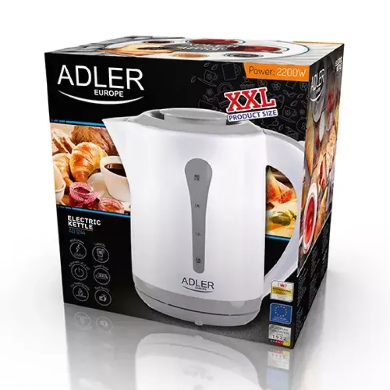 Elektriskā tējkanna Adler AD 1244 — 2,5 L, 2200 W, balta, paslēpts sildelements