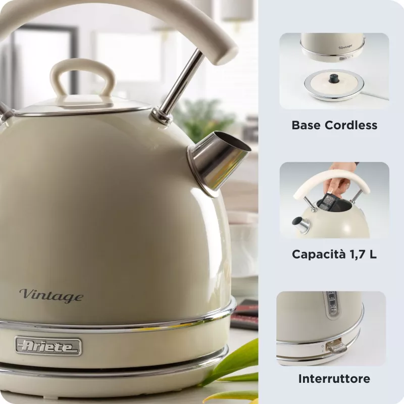 Ariete 2877 Tējkanna Vintage, 1,7L, Bezvadu, Bēša, 1.7 L, 2000 W, Bēša, Ūdens līmeņa indikators, Bezvadu, Filtrēšana