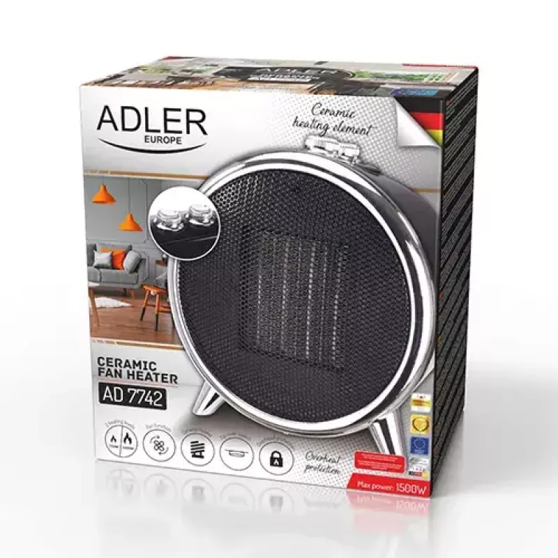 Elektriskais keramiskais telpu sildītājs Adler AD 7742 — 1500/750 W, uz grīdas, 220–240 V, melns/sudrabains