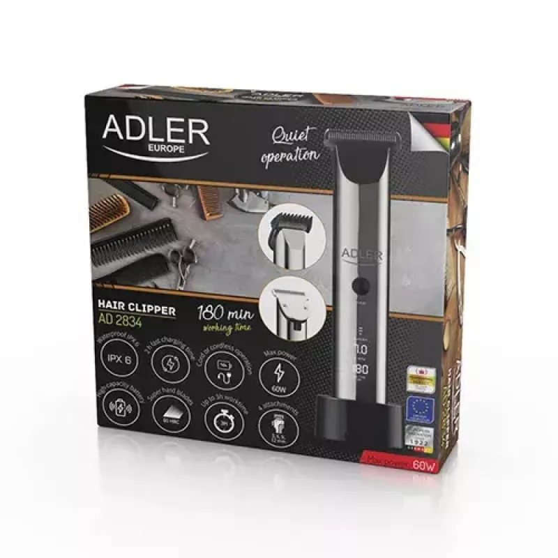 Adler AD 2834 matu griežamā mašīna, no 3 mm līdz 1,2 cm, 4 uzgaļi, LCD, sudraba