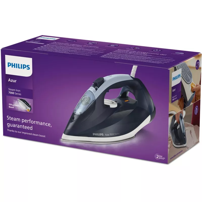 Sausās un tvaika gludeklis Philips DST7030/20 — 2800 W, 0,3 L tvertne, 50 g/min nepārtraukts tvaiks, 250 g/min tvaika pastiprinājums, SteamGlide Plus zole