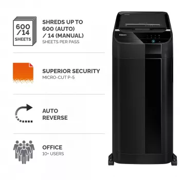 Fellowes AutoMax 600M papīra smalcinātājs, mikro-izgriezumu smalcināšana, 60 dB, 23 cm, melns