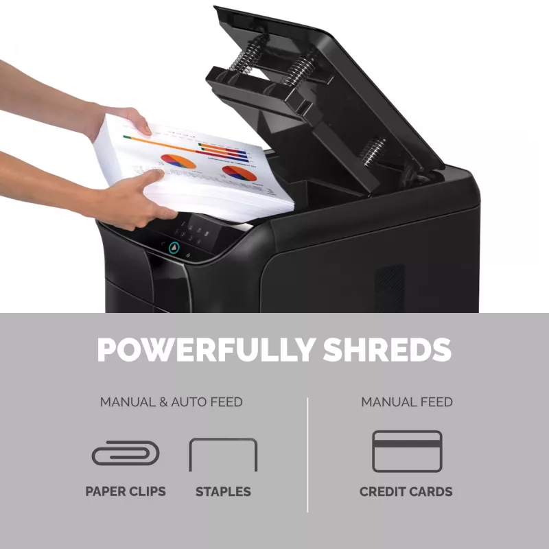 Fellowes AutoMax 600M papīra smalcinātājs, mikro-izgriezumu smalcināšana, 60 dB, 23 cm, melns