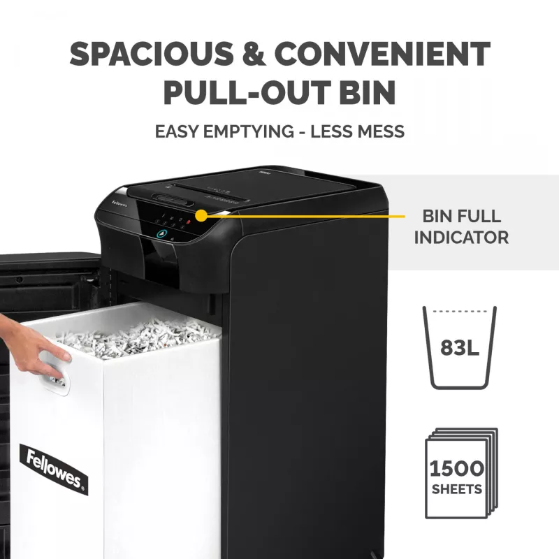 Fellowes AutoMax 600M papīra smalcinātājs, mikro-izgriezumu smalcināšana, 60 dB, 23 cm, melns