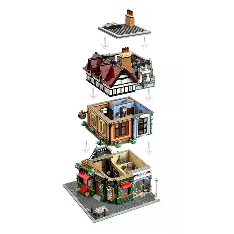 LEGO Icons konstruktora komplekts 10350 Tudor Corner House — 3 266 detaļas, 8 minifigūras, vecums 18+, 260×250×310 mm