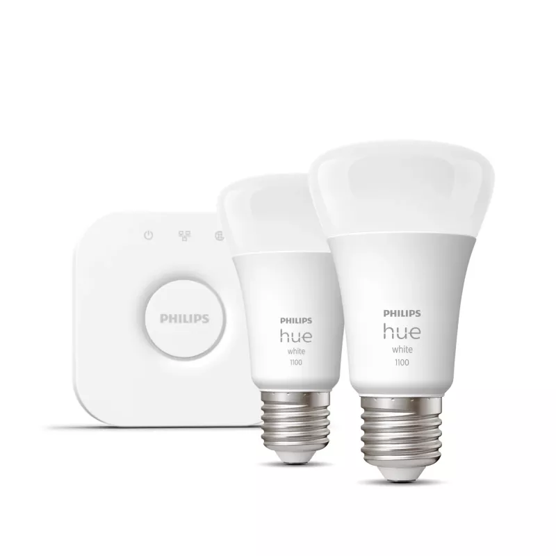Philips Hue balta Starter komplekts: 2 E27 viedās spuldzes (1100), Viedā apgaismojuma komplekts, Bluetooth/Zigbee, Balta, LED, E27, A60
