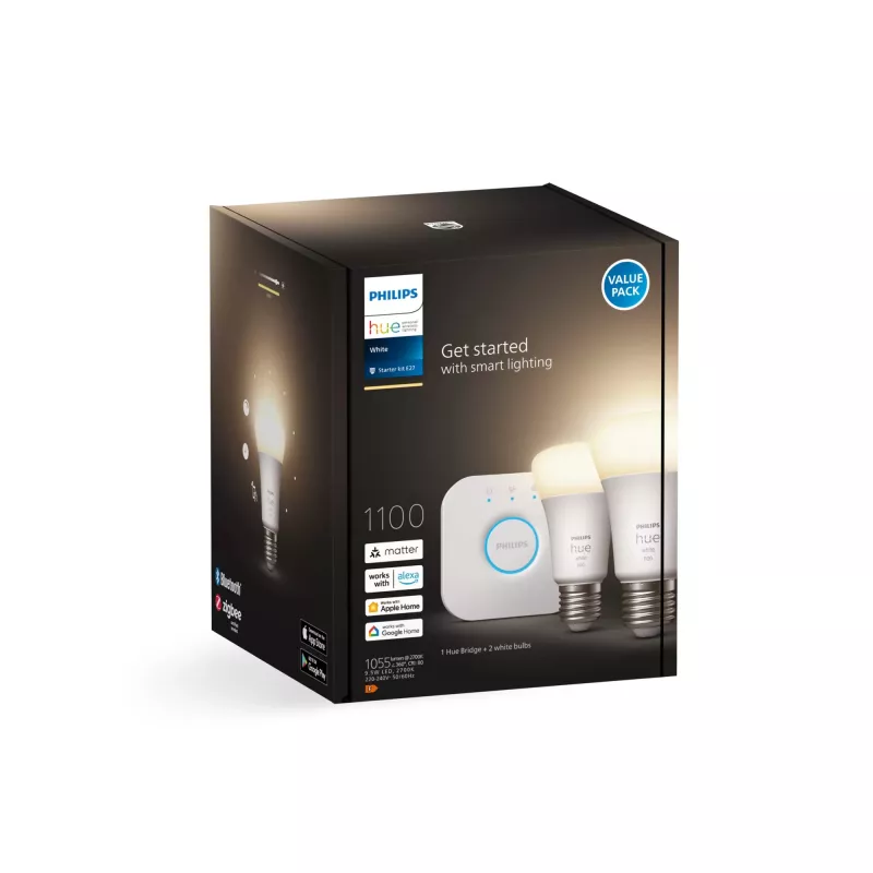 Philips Hue balta Starter komplekts: 2 E27 viedās spuldzes (1100), Viedā apgaismojuma komplekts, Bluetooth/Zigbee, Balta, LED, E27, A60
