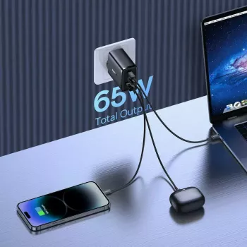 Fast charger Baseus Cube Pro 65W — 3 pieslēgvietas (2×USB-C, 1×USB-A), 110–240 V, maiņstrāva, iekštelpām, universāla savietojamība, melns, 0,154 kg