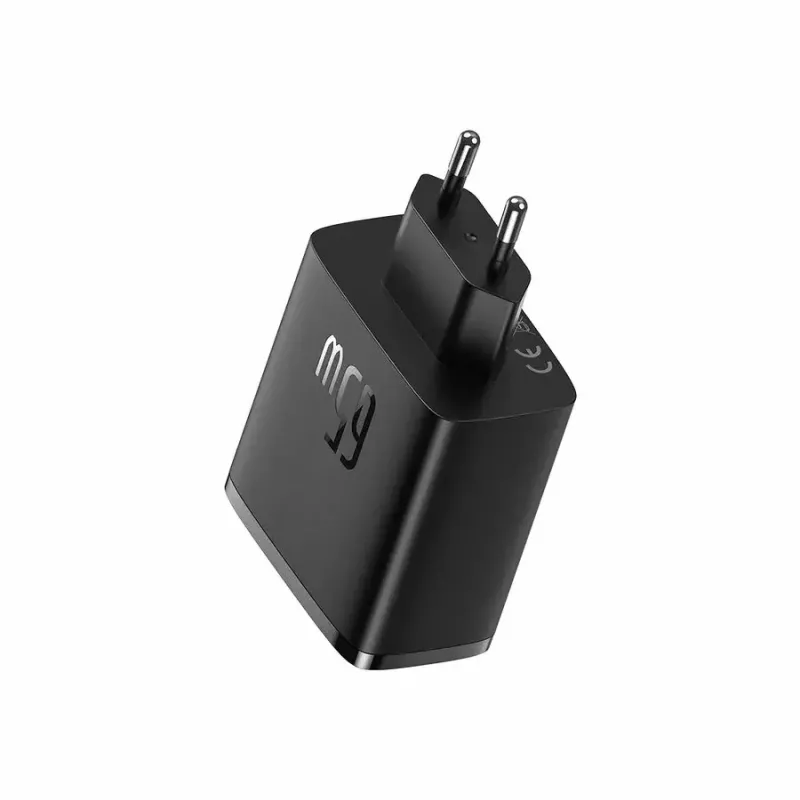 Fast charger Baseus Cube Pro 65W — 3 pieslēgvietas (2×USB-C, 1×USB-A), 110–240 V, maiņstrāva, iekštelpām, universāla savietojamība, melns, 0,154 kg