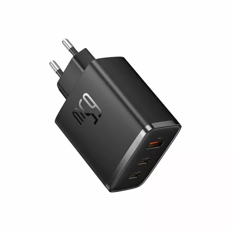 Fast charger Baseus Cube Pro 65W — 3 pieslēgvietas (2×USB-C, 1×USB-A), 110–240 V, maiņstrāva, iekštelpām, universāla savietojamība, melns, 0,154 kg