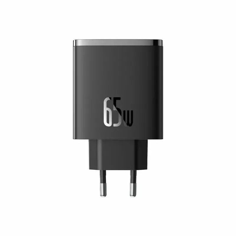 Fast charger Baseus Cube Pro 65W — 3 pieslēgvietas (2×USB-C, 1×USB-A), 110–240 V, maiņstrāva, iekštelpām, universāla savietojamība, melns, 0,154 kg