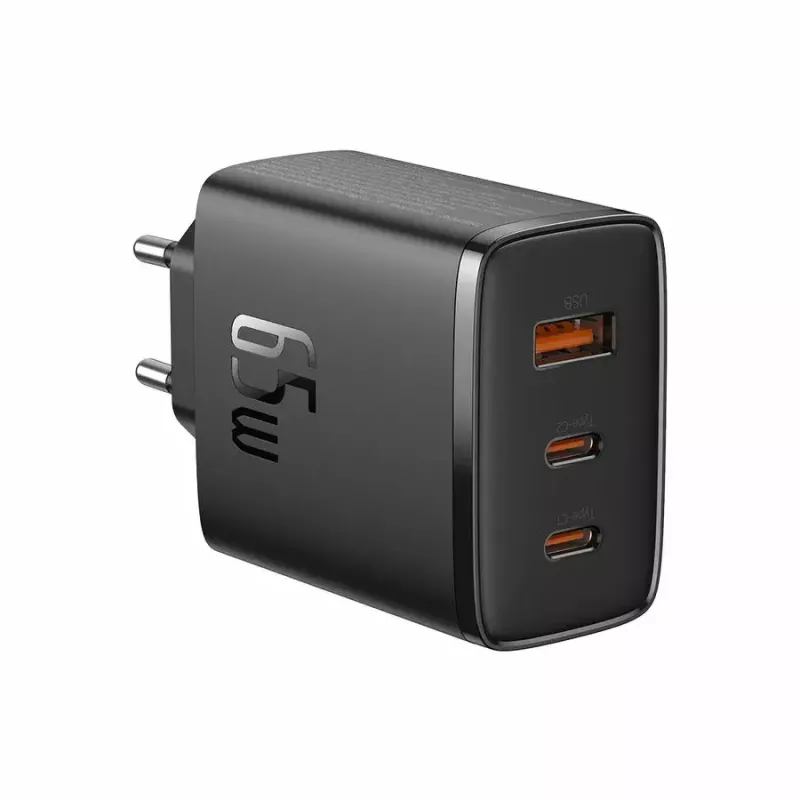 Fast charger Baseus Cube Pro 65W — 3 pieslēgvietas (2×USB-C, 1×USB-A), 110–240 V, maiņstrāva, iekštelpām, universāla savietojamība, melns, 0,154 kg