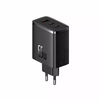 Fast charger Baseus Cube Pro 65W — 3 pieslēgvietas (2×USB-C, 1×USB-A), 110–240 V, maiņstrāva, iekštelpām, universāla savietojamība, melns, 0,154 kg