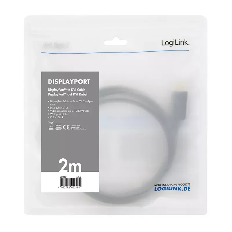 Video kabeļa adapteris LogiLink CV0130 1m DisplayPort DVI melns