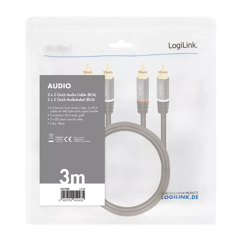 Audio kabelis LogiLink CA1206 3m 2xRCA melns
