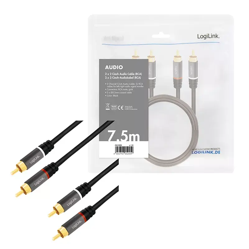 Audio kabelis LogiLink CA1208 7,5 m 2 x RCA melns