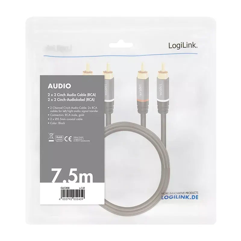 Audio kabelis LogiLink CA1208 7,5 m 2 x RCA melns