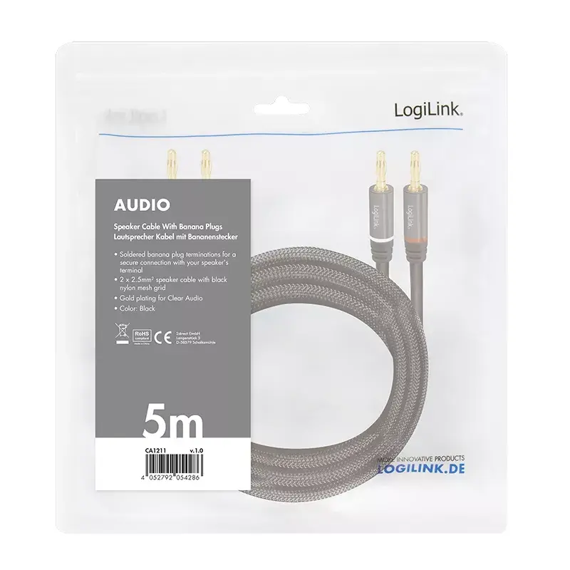 Audio kabelis LogiLink CA1211 5m 2x Banana melns
