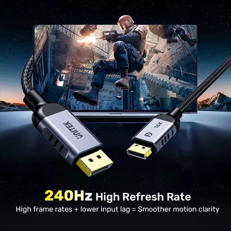 DisplayPort kabelis Unitek C1626GY01-2M, DisplayPort 2.1 vīrietis–vīrietis, 2 m, 80 Gbit/s, 16K@60Hz, 4K@240Hz, HDR, HDCP 2.2