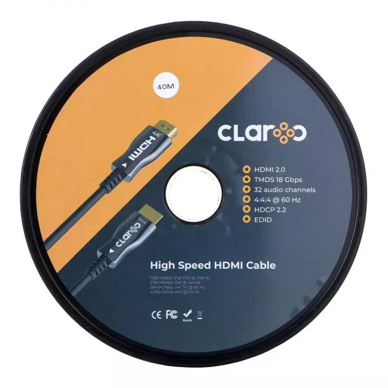 HDMI optiskās šķiedras kabelis claroc FEN-HDMI-20-40M, aktīvais optiskais kabelis (AOC) HDMI 2.0, 4K, 40 m