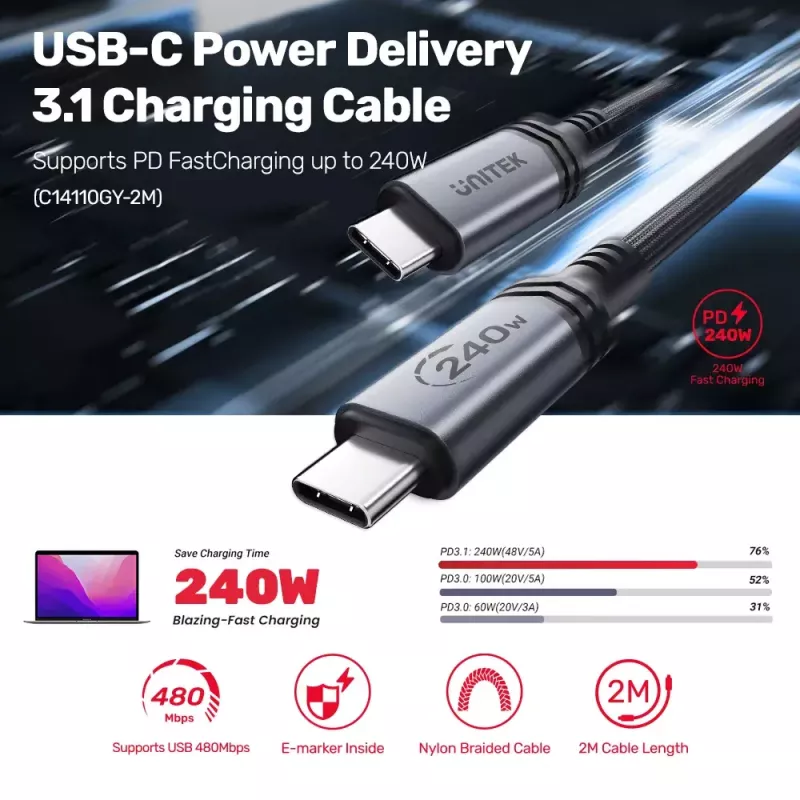 USB-C–USB-C kabelis Unitek C14110GY-2M USB 3.2 Gen 1, 2 m, 5 A, 240 W, melns