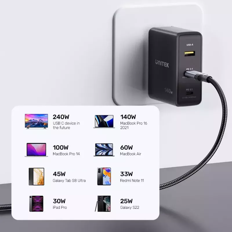 USB-C–USB-C kabelis Unitek C14110GY-2M USB 3.2 Gen 1, 2 m, 5 A, 240 W, melns