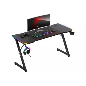 Spēļu galds huzaro Hero 3.3 RGB — melna taisna galda virsma 1400x600 mm, LED apgaismojums, krūzes turētājs, austiņu āķis