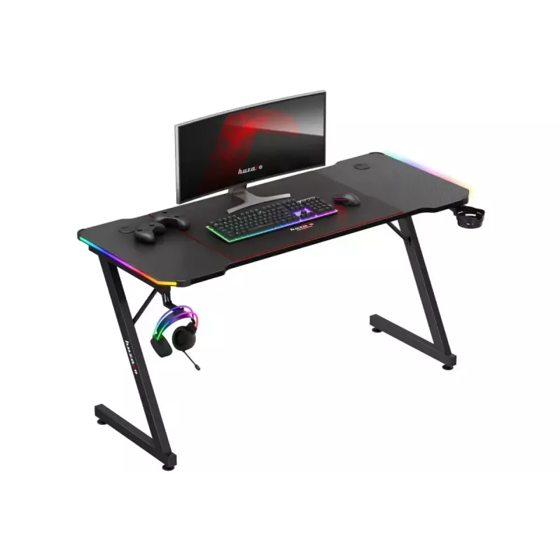 Spēļu galds huzaro Hero 3.3 RGB — melna taisna galda virsma 1400x600 mm, LED apgaismojums, krūzes turētājs, austiņu āķis
