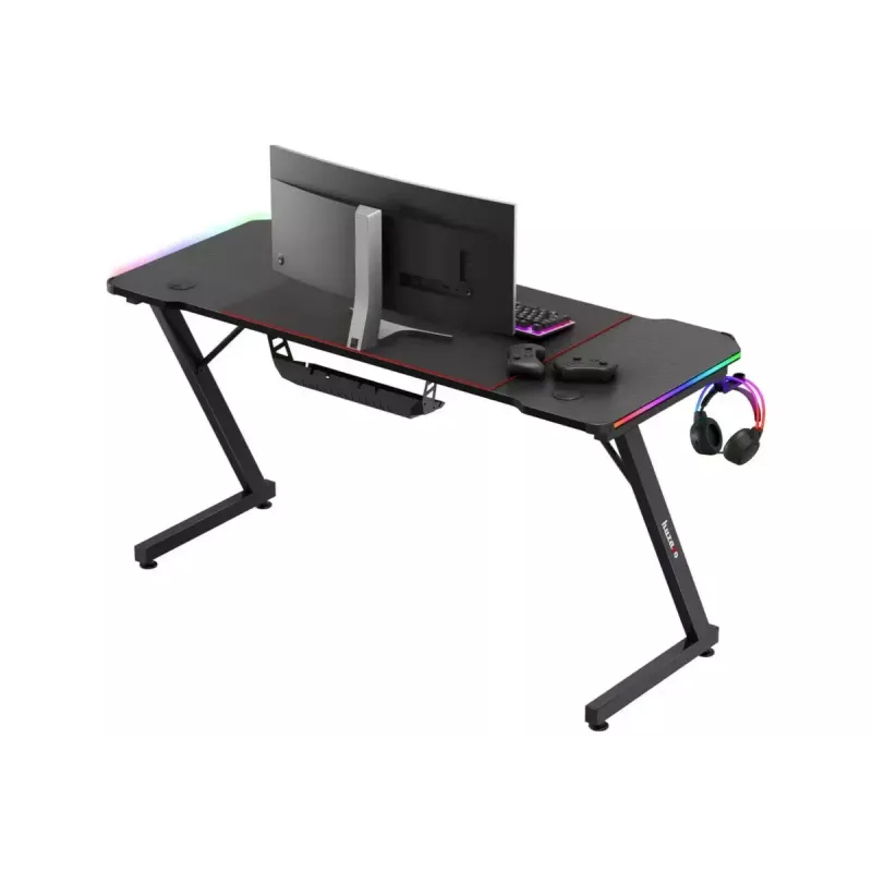 Spēļu galds huzaro Hero 3.3 RGB — melna taisna galda virsma 1400x600 mm, LED apgaismojums, krūzes turētājs, austiņu āķis