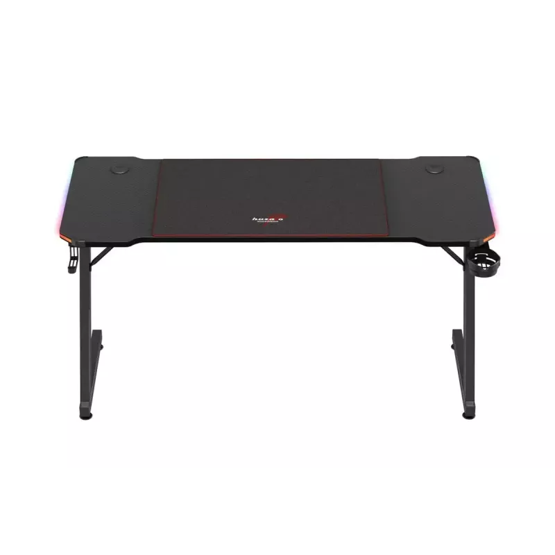 Spēļu galds huzaro Hero 3.3 RGB — melna taisna galda virsma 1400x600 mm, LED apgaismojums, krūzes turētājs, austiņu āķis