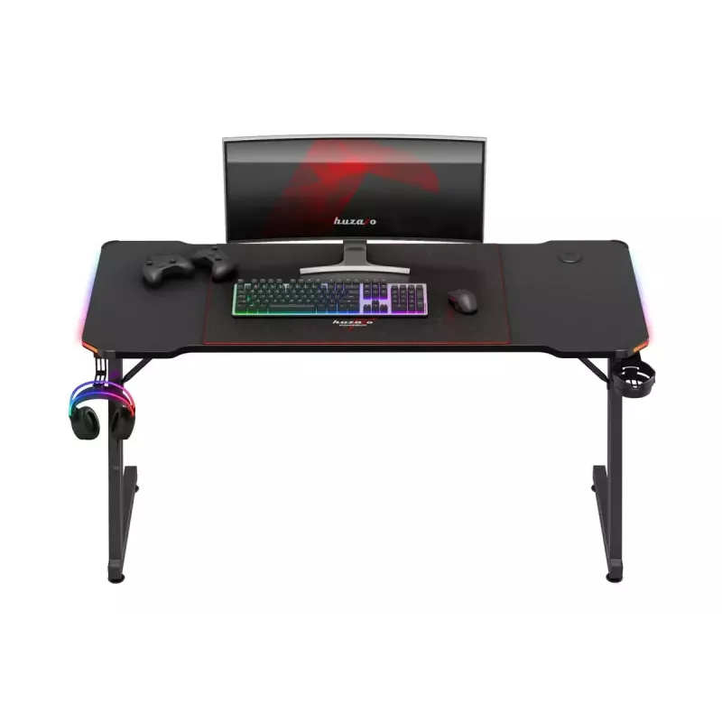 Spēļu galds huzaro Hero 3.3 RGB — melna taisna galda virsma 1400x600 mm, LED apgaismojums, krūzes turētājs, austiņu āķis