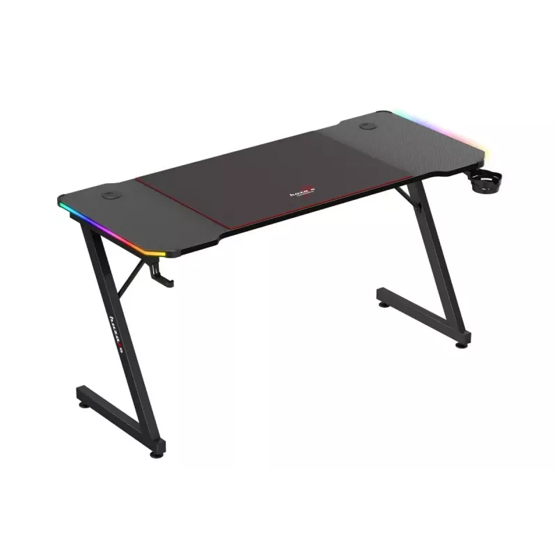 Spēļu galds huzaro Hero 3.3 RGB — melna taisna galda virsma 1400x600 mm, LED apgaismojums, krūzes turētājs, austiņu āķis