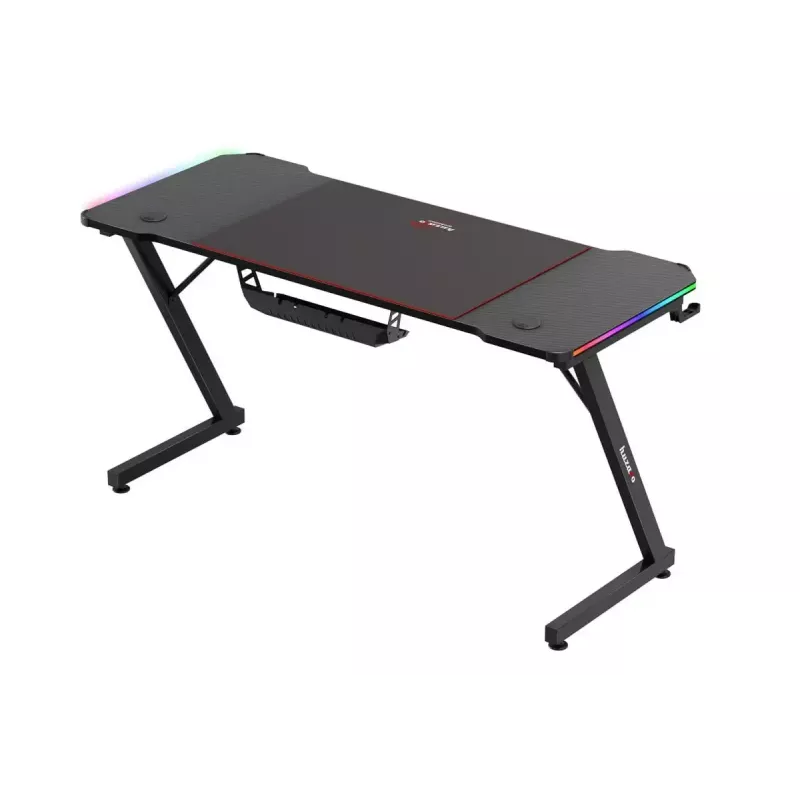Spēļu galds huzaro Hero 3.3 RGB — melna taisna galda virsma 1400x600 mm, LED apgaismojums, krūzes turētājs, austiņu āķis