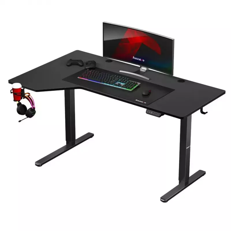 Spēļu galds huzaro Hero 9.1 Melns — L formas MDF virsma, USB-C uzlāde, LED vadība, regulējams augstums 72–118 cm